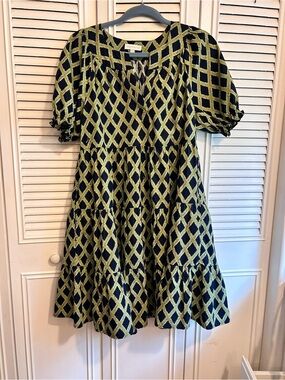 crown & ivy Navy, Green, Gold and white Lattice Tiered Midi Dress